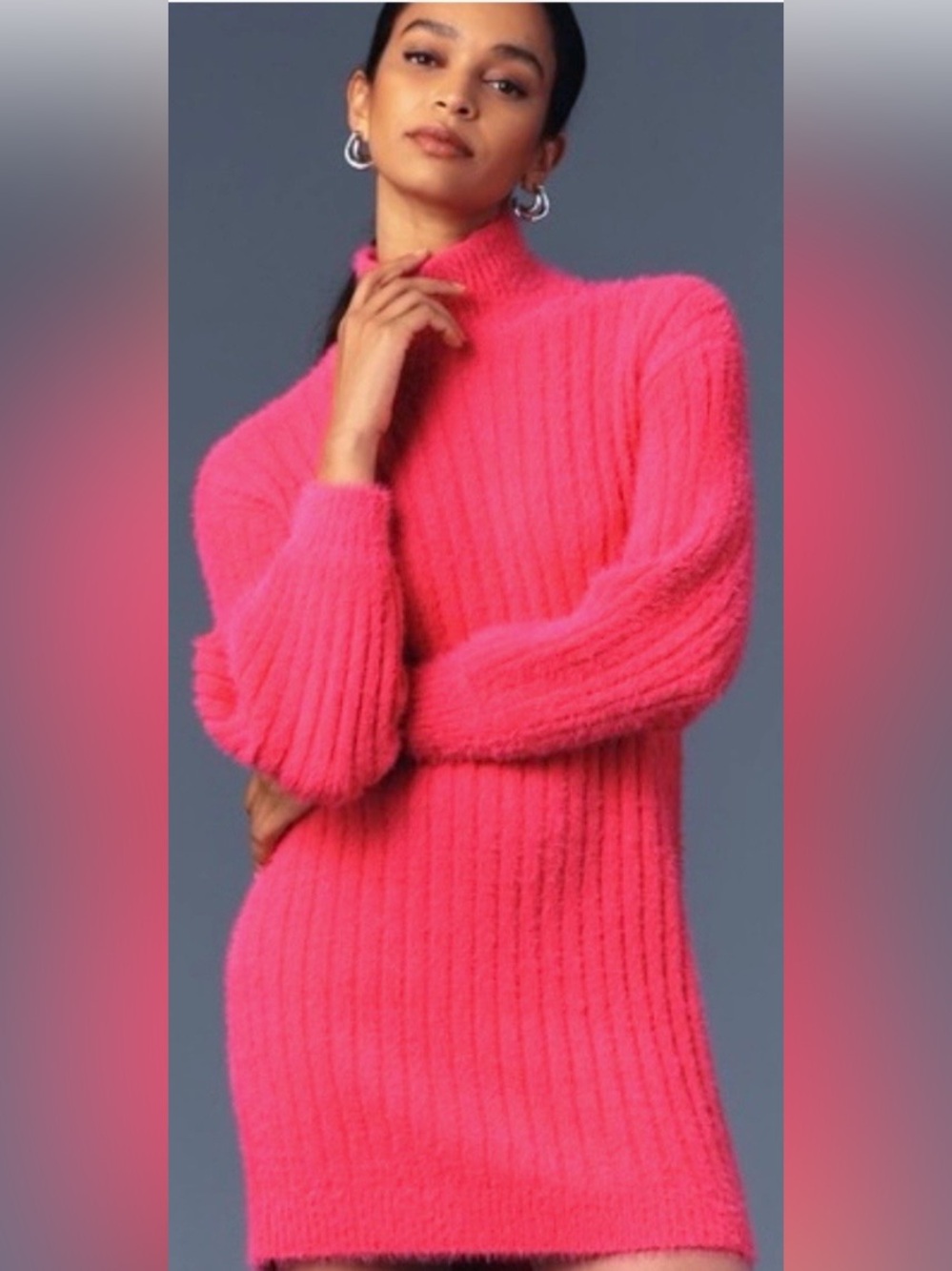 Anthropologie Flat White Hot Pink Ribbed Turtleneck Sweater Dress NWT XL
